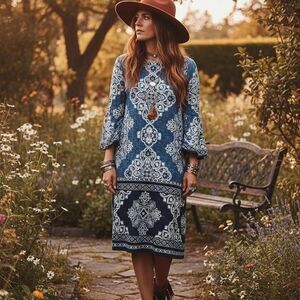 Studio One NY Medallion Boho Bell-Sleeve Dress vintage inspired , size small